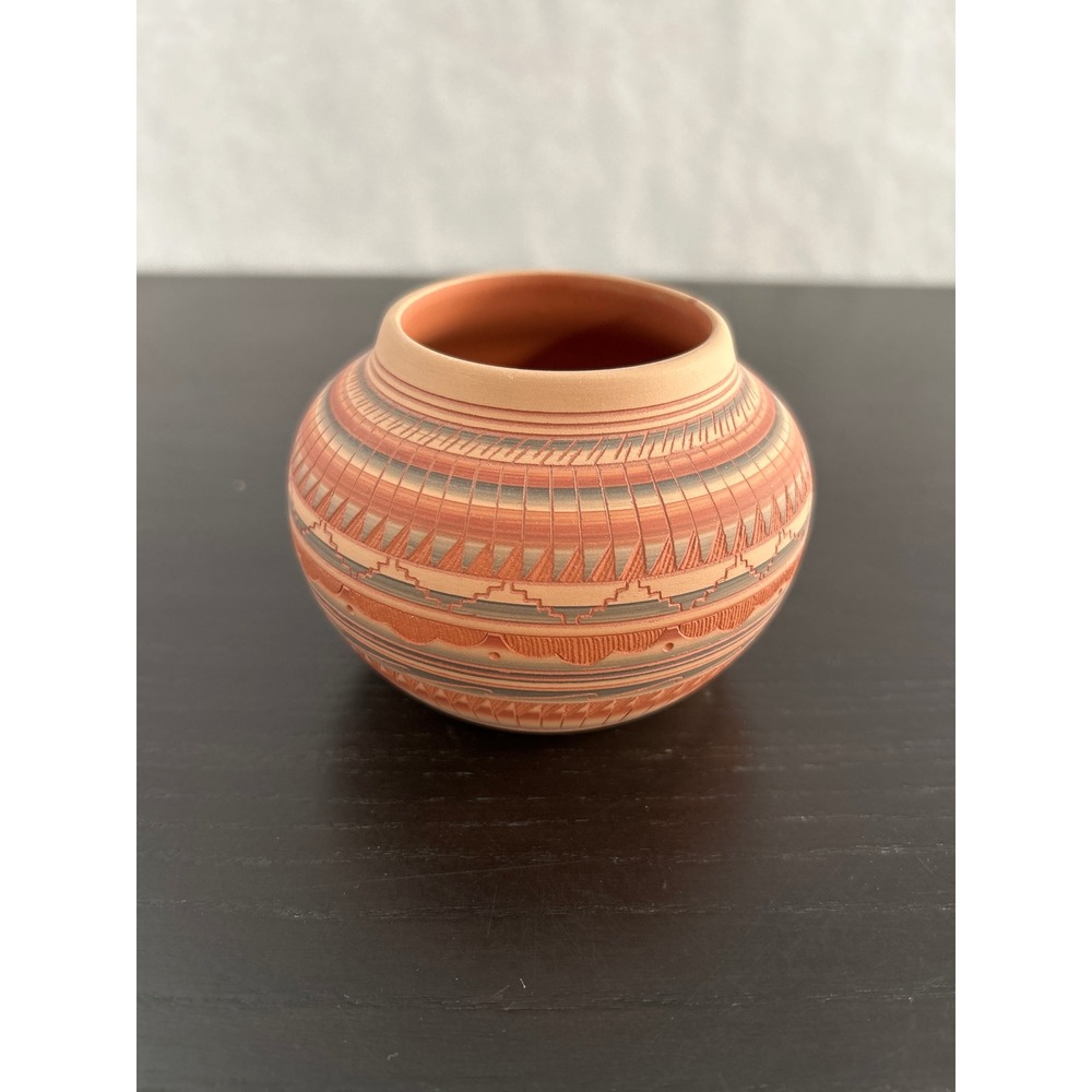 Myron Charlie Navajo Etched Seed Pot Pottery Signed Southwestern Geometric Mini